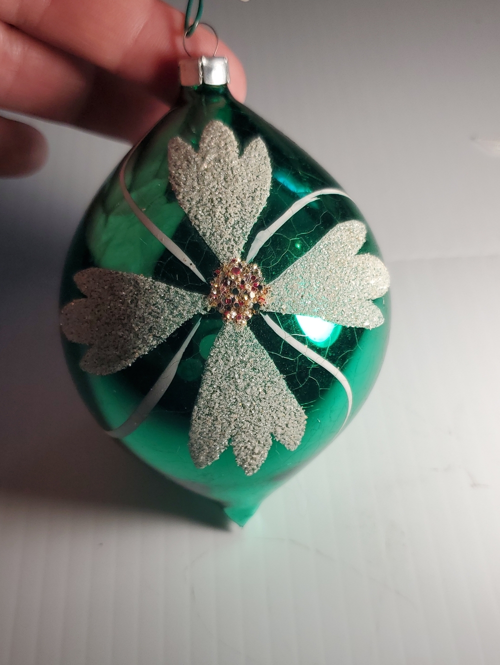 Vintage Unbranded Green Glitter Flower Glass Holiday Ornament